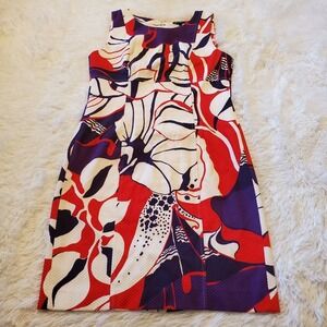Worth New York White Black Red Purple Abstract Sleeveless Sheath Dress Size 8